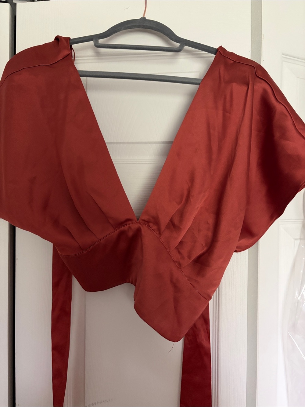 Zara Rust-Red Satin V-Neck Crop Wrap Top